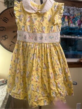 Bonnie Jean Yellow Smocked Bunny Print Dress